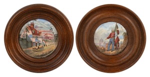 PRATT WARE two antique English pot lids in timber frame titled "Belle Vue Tavern", and "Garibaldi", 19th century, 11.5cm diameter