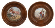 PRATT WARE two antique English pot lids in timber frame titled "Belle Vue Tavern", and "Garibaldi", 19th century, 11.5cm diameter