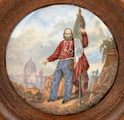 PRATT WARE two antique English pot lids in timber frame titled "Belle Vue Tavern", and "Garibaldi", 19th century, 11.5cm diameter - 3