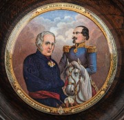 PRATT WARE two antique English pot lids in dark timber frames, titled "The Late Duke Of Wellington", and "The Allied Generals, F.M. Lord Raglan, Gen.rl Canrobert", 19th century, 12cm diameter - 2