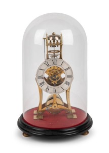 An antique English skeleton clock in glass dome with single train fusee movement, temperature compensated balance wheel with duplex style escapement, and Roman numerals, 19th century, 40cm high overall