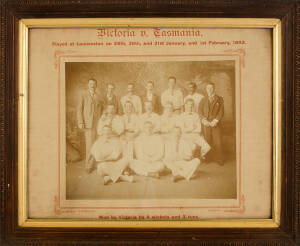 1892-93 VICTORIAN TEAM, team photograph with caption "Victoria v Tasmania, Played at Launceston on 28th, 30th, 31st January, and 1st February, 1893", framed & glazed, overall 52x43cm. Includes Australian Test players Frank Laver, George McShane, John Harr