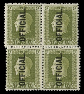 NEW ZEALAND - Official Stamps: 1915-27 (SG.O104) KGV 9d sage-green, blk.(4) MLH. Fine and fresh.