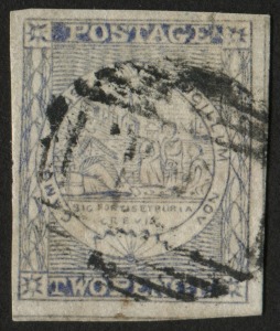 NEW SOUTH WALES: 1851 (SG.38) 2d dull ultramarine Sydney View (Plate 5) on vertically laid paper, good-to-large margins all sides; small fault at upper right corner. Cat.£450.