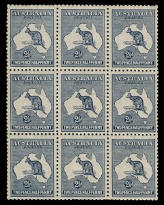 2½d Deep Blue, block of 9 [2L43-45, 49-51, 55-57] with varieties "Retouch to first 'A' of 'AUSTRALIA'" [2L43] & "Heavy coastline to WA" [2L49 & L55], well-centred, MUH, BW:11A(2)d&l - Cat. $1200++.