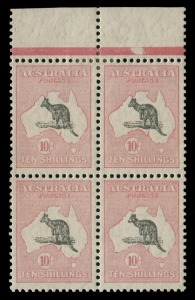 Kangaroos - Small Multiple Watermark: 10/- Grey & Pink, superb top marginal block of (4), upper-right unit with variety "Long curved tail on kangaroo" [R6] BW:49(V)p very well centred and fresh, the lower units MUH, Cat. $9100++.