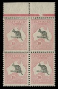 Kangaroos - Small Multiple Watermark: 10/- Grey & Pink, superb top marginal block of (4), upper-right unit with variety "Long curved&nbsp;tail on kangaroo" [R6] BW:49(V)p very well&nbsp;centred and fresh, the lower units MUH, Cat. $9100++.
