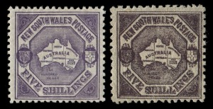NEW SOUTH WALES: 1888-89 (SG.261) 5/- deep purple Map perf.10, MVLH, plus 1890 (SG.263a) Wmk ''5/-" over NSW' 5/- lilac Map perf.11, MLH, (2). Cat.£800.