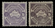 NEW SOUTH WALES: 1888-89 (SG.261) 5/- deep purple Map perf.10, MVLH, plus&nbsp;1890 (SG.263a) Wmk ''5/-" over NSW' 5/- lilac Map perf.11, MLH, (2). Cat.&pound;800.