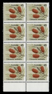 1978 (SG.609 var.) 45c Wild Flower, bottom marginal blk.(8) with all units affected by variety BW:727ci "Green-grey misplaced", MUH. A striking block. Cat.$640+.