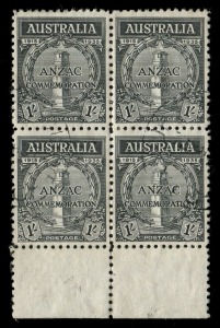1935 (SG.155) 1/- ANZAC, marginal block (4) from the base of the sheet, with lightly struck 1937 cds's. A scarce FU block.