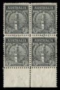 1935 (SG.155) 1/- ANZAC, marginal block (4) from the base of the sheet, with lightly struck 1937 cds's. A scarce FU block.