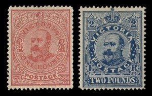 VICTORIA: 1901-10 (SG.399 & 400) Edward VII £1 carmine-rose (even gum tone) & £2 deep blue, perforated 12½,, fine Mint. Attractively centred, Cat.£1100. (2)