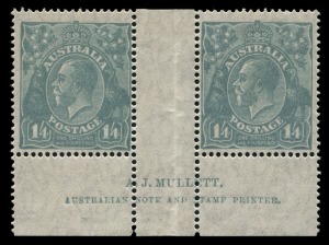 KGV Heads - Small Multiple Watermark Perf 14: 1/4 Deep Greenish-Blue, Mullett Imprint pair, the stamps MUH; MVLH in central gutter only. Very fine & fresh. BW:129Az (pr) not priced **.