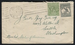 July 1916 usage of 2d Grey + KGV ½d Green on commercial cover from Adelaide to Seattle.