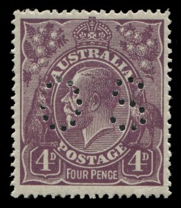 KGV Heads - Single Watermark: 1918-23 KGV 4d Violet, perforated OS. Well centred & fresh Mint. SG.O73; BW:111b - Cat.$275.