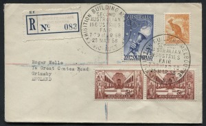 First Day & Commemorative Covers: 25 March1958 "SECOND AUSTRALIAN INDUSTRIES FAIR - EXHIBITION BUILDING MELBOURNE" cds's tieing stamps on registered cover to England; provisional R-label 083 with hand-stamped INDUSTRIES FAIR MELBOURNE details.