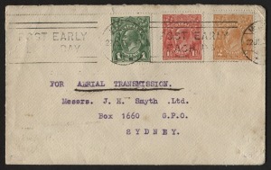 Aerophilately & Flight Covers: 22 July 1925 (AAMC.87) Melbourne - Sydney flown cover carried by A.A.S. on their inaugural flight linking several new intermediates. Lovely 3-colour franking. Cat.$300.