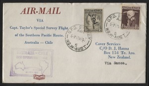 Aerophilately & Flight Covers: 14 Mar.1951 (AAMC.1271c) Sydney - New Zealand via SAMOA flown cover, inscribed 'AIR-MAIL via Capt. Taylor's Special Survey Flight of the Southern Pacific Route. Australia - Chile', with cachet in violet & APIA cds on reverse. Cat.$200.