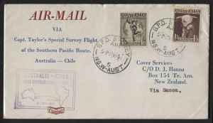 Aerophilately & Flight Covers: 14 Mar.1951 (AAMC.1271c) Sydney - New Zealand via SAMOA flown cover, inscribed 'AIR-MAIL via Capt. Taylor's Special Survey Flight of the Southern Pacific Route. Australia - Chile', with cachet in violet & APIA cds on reverse