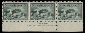 1932 (SG.143) 5/- Sydney Harbour Bridge, Ash imprint strip of 3, well centred, MUH. BW:148zf - Cat $5500. Superb!