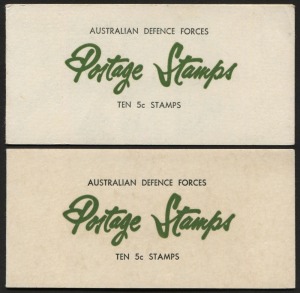 MILITARY POST BOOKLETS: 1967-68 (SG.MB1a &MB2) 50c booklets with comprising 1967 booklet (minor foxing) containing 5c Thornbill block of 10 (attached at left) and 1968 booklet 5c QEII block of 10 (attached at right): Cat. Ј140.