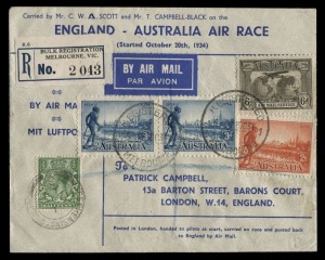 Aerophilately & Flight Covers: October 1934 (AAMC.433) England - Australia MacRobertson Air Race cover carried by the winning entry DH66 Comet 'Grosvenor House' in a total elapsed time of 71 hours and signed by both pilots "CWA Scott" and "Tom Campbell Black" on the back. Posted back to England with adhesives tied by 'REGISTERED/24OC34/MELBOURNE' datestamp with black/blue registration label alongside, fine condition; 100 flown - Cat. $1,250.