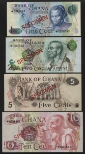 GHANA: 1 cedi to 10 cedis set of 4 'SPECIMEN' banknotes, each note numbered '*0006543', Uncirculated. (4).