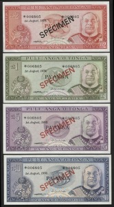 TONGA: set of 4 'SPECIMEN' banknotes to 10 pa'anga, each note numbered '*006805', uncirculated.