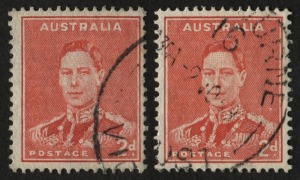 1938 (SG.184b) KGVI 2d scarlet with "Medallion" flaw; together with a normal example for comparison; both FU. (2). BW: 188e.