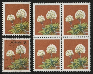 1975 (SG.608a) 18c Wild Flowers, single and blk.4, all with BLACK OMITTED variety, (5) MUH. Cat.£210. BW: 725c.  