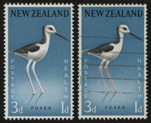 NEW ZEALAND: 1959 (SG.777a) 3d+1d Poaka with variety "Pink (legs) omitted", MUH; with used example for comparison, (2). Cat.£130.