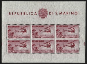 SAN MARINO: 1961 (Mi.696) 1000 Lira Helicopter, complete sheetlet of (6), superb MUH.