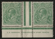 &frac12;d Deep Green, Harrison one-line Imprint pair from Electro 6; some gum discolouration. Cat.$1000 as a blk.4.