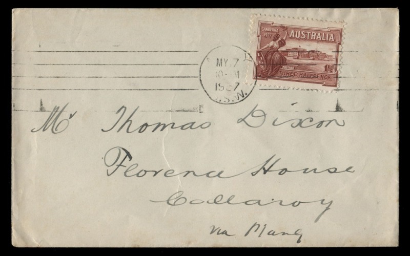 PRE-FIRST DAY COVER: 1½d Canberra (SG.105) on cover, the adhesive tied by the MANLY roller cancel for May 7th 1927, two days before the official day of issue. 