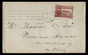 PRE-FIRST DAY COVER: 1½d Canberra (SG.105) on cover, the adhesive tied by the MANLY roller cancel for May 7th 1927, two days before the official day of issue.