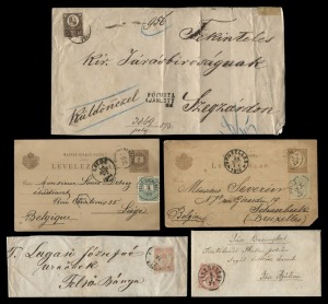 HUNGARY: POSTAL HISTORY: 1871 - 1947 covers, postal cards and entires, the mainly pre-1920 items, with interesting frankings, foreign posts, interesting markings, postmarks, etc. Great opportunity for the specialist. (approx.50 items). Offered intact, as purchased from a European Auction House (approx. A$1600 incl BP).