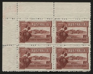1927 (SG.105) 1½d Canberra, upper left corner blk.(4) with part Plate "9" visible in the top margin. BW:132zh - $1250 (if complete); stamps **.
