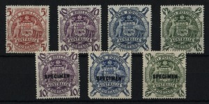 5/- - £2 Arms set of 4 plus SPECIMEN Overprints set of 3, (7); mixed condition.