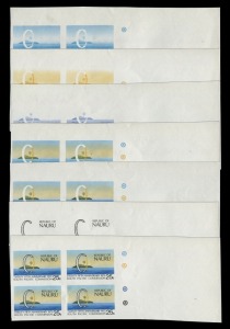 NAURU: PROOFS: 1972 25c South Pacific Commission Anniversary (SG.97), Imperforate colour separation proof set of seven in corner blocks of 4 plus a set of singles, on gummed, unwatermarked paper with colour circles at right. Fine and attractive. (35) 