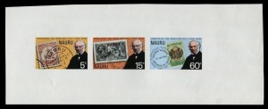 NAURU: PROOFS: 1979 Stampex: Imperforate strip of three of the 5c + 15c + 60c Rowland Hill, with very large margins, full gum MUH. The stamps in this format were intended for the perforated Miniature Sheet. Rarely seen thus.