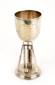 CRICKET TROPHY, silver-plated, decorated with 3 bats, stumps & ball, engraved with two cricket scenes, and text "Presented To The Kilmarnock Cricket Club, By Robert Rankin esq, For The First Individual Score of a Century, won By A.W.Stephenson, Season 189