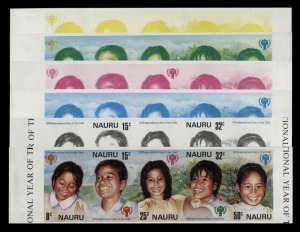 NAURU: PROOFS: 1978 Year of the Child (SG.211-15) Completely IMPERFORATE horizontal strip of 5 in issued colours, together with five mono-colour imperforate strips in each of the colours used to make the final design. (6 strips of 5). Scarce thus.