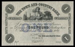 PRIVATE ISSUE BANKNOTE: 1881 The Town & Country Bank, South Australia, £1 SPECIMEN, printed by Bradbury, Wilkinson & Co Engravers, London; (MVR2), uncirculated.