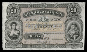 PRIVATE ISSUE BANKNOTE: 1882 The Federal Bank of Australia Limited, £20 SPECIMEN, printed by Sands& McDougall, Engravers, Melbourne. (MVR1), Uncirculated.