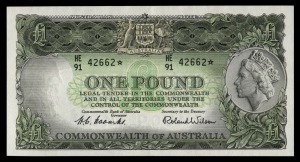 ONE POUND, (R.33S) Coombs/Wilson, Commonwealth Bank (1953) HE/91 42662* Star Note; about Uncirculated.