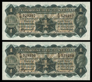 ONE POUND, (R.26) Riddle/Heathershaw, (1927) K/9 529257 and 529298) £1 consecutive pair; about uncirculated and nice natural notes. (2).