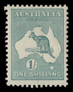 Kangaroos - Third Watermark: 1/- Blue-Green, fine & fresh MUH.