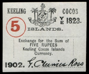 COCOS KEELING ISLANDS: 1902 1/10th Rupee - 5 Rupee paper tokens (CK1-6) or currency notes, printed in black and red on stock of various thicknesses; each bearing the printed signature of G. Clunies Ross. (6), EF/Unc.