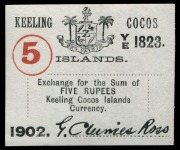 COCOS KEELING ISLANDS: 1902 1/10th Rupee - 5 Rupee paper tokens (CK1-6) or currency notes, printed in black and red on stock of various thicknesses; each bearing the printed signature of G. Clunies Ross. (6), EF/Unc.